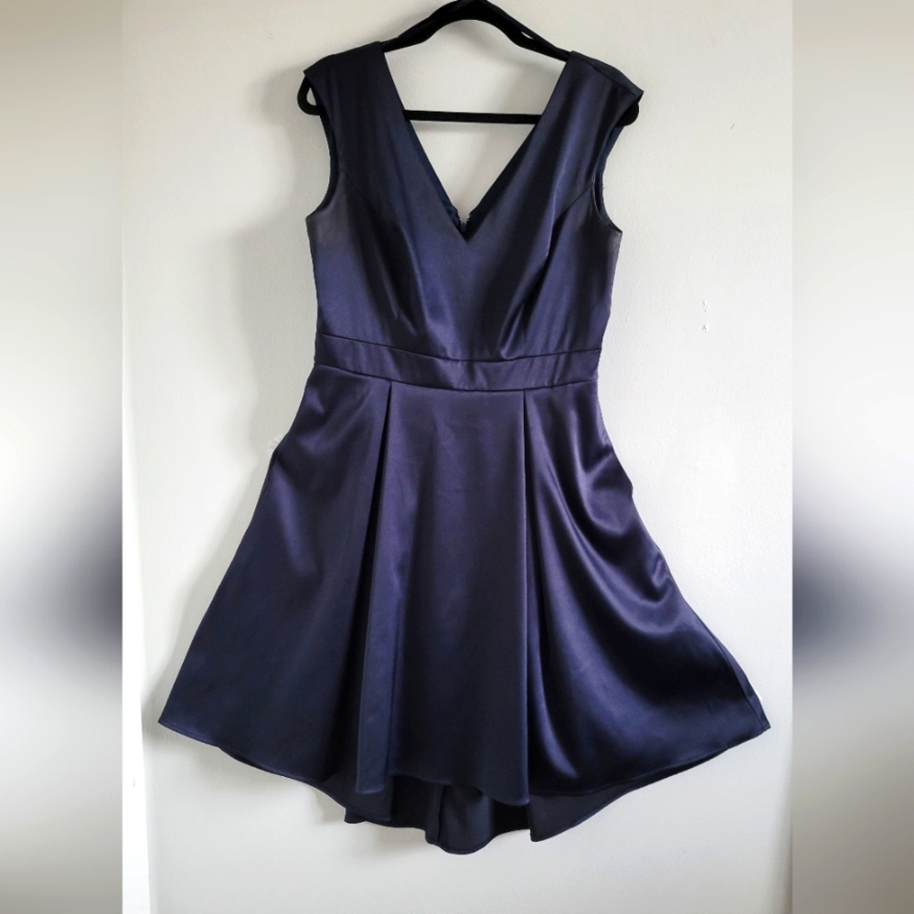 Le Chateau Dress Navy Blue Satin -Medium